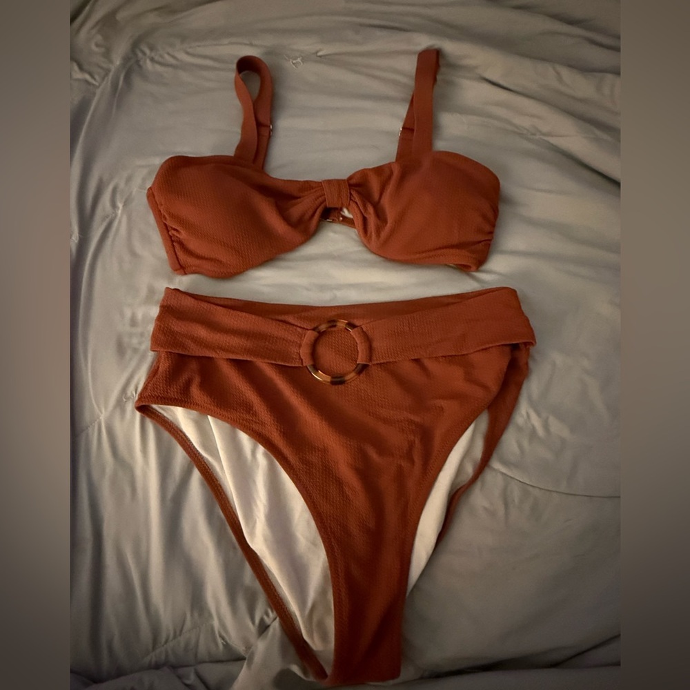 Rust High-Waist Bikini Set with Ring Detail - Women Swim